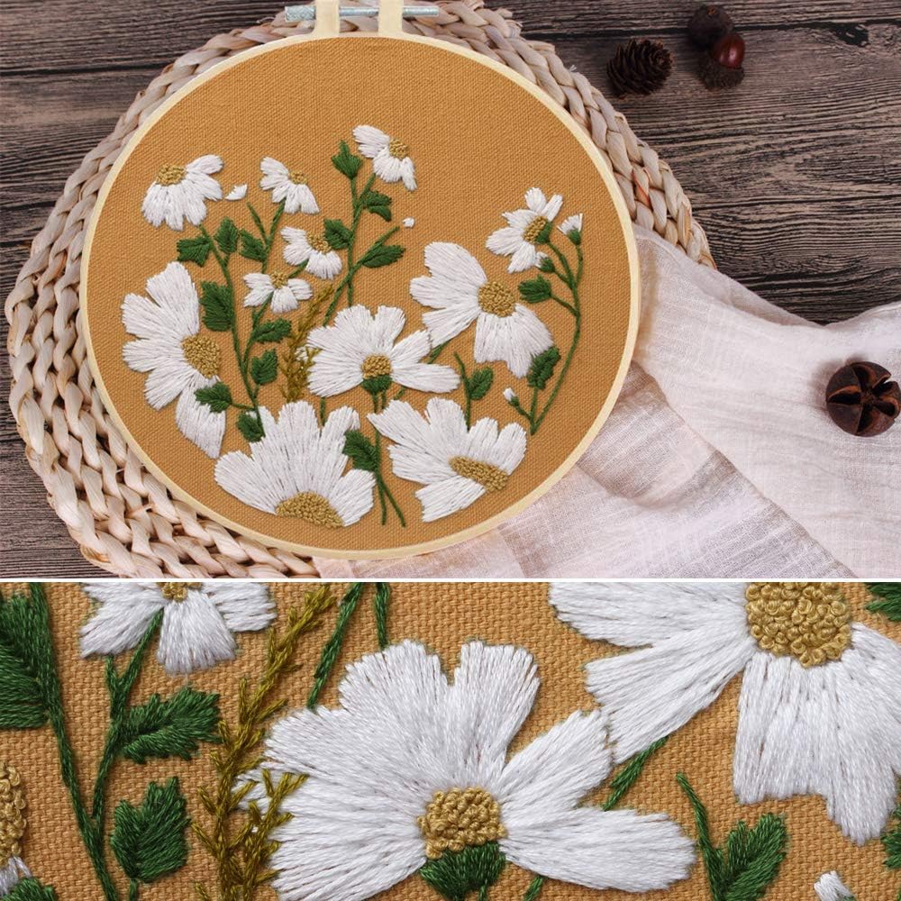 Embroidery Starters Kit with Pattern for Beginners, Cross Stitch Kit Stamped Embroidery Kits for Adults Include Clothes with Floral Pattern, Embroidery Hoops, Instructions, Threads & Needles (Flowers)