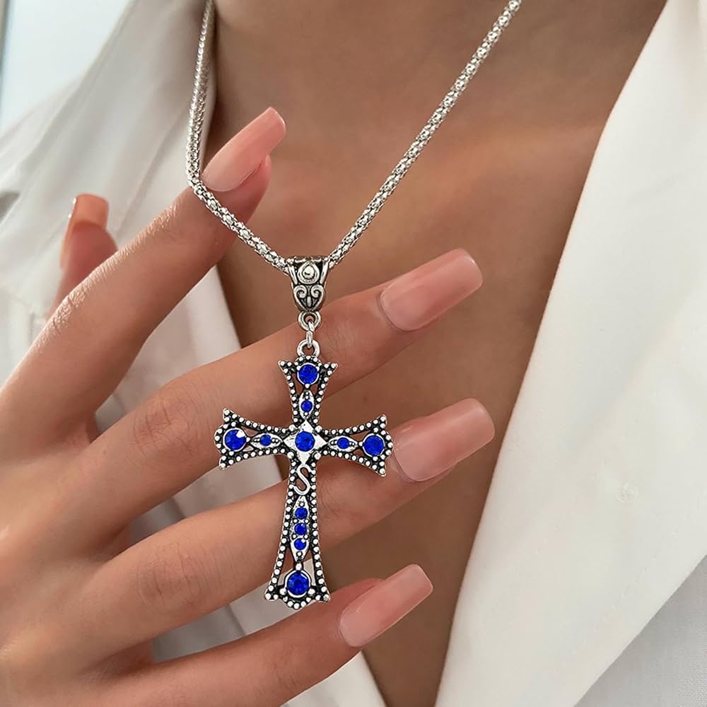 アクセサリー Cross motif design charm necklace Sardfxul Cross Pendant Necklace Long Chain Punk Goth Trendy