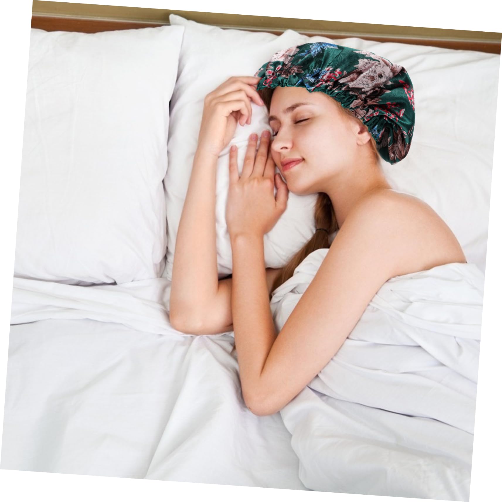 Healvian 5piezas Gorro De Reutilizable Para Mujer Doble De Satén Protección Para Cabello Para Baños y Sueño Diseño Floral Verde