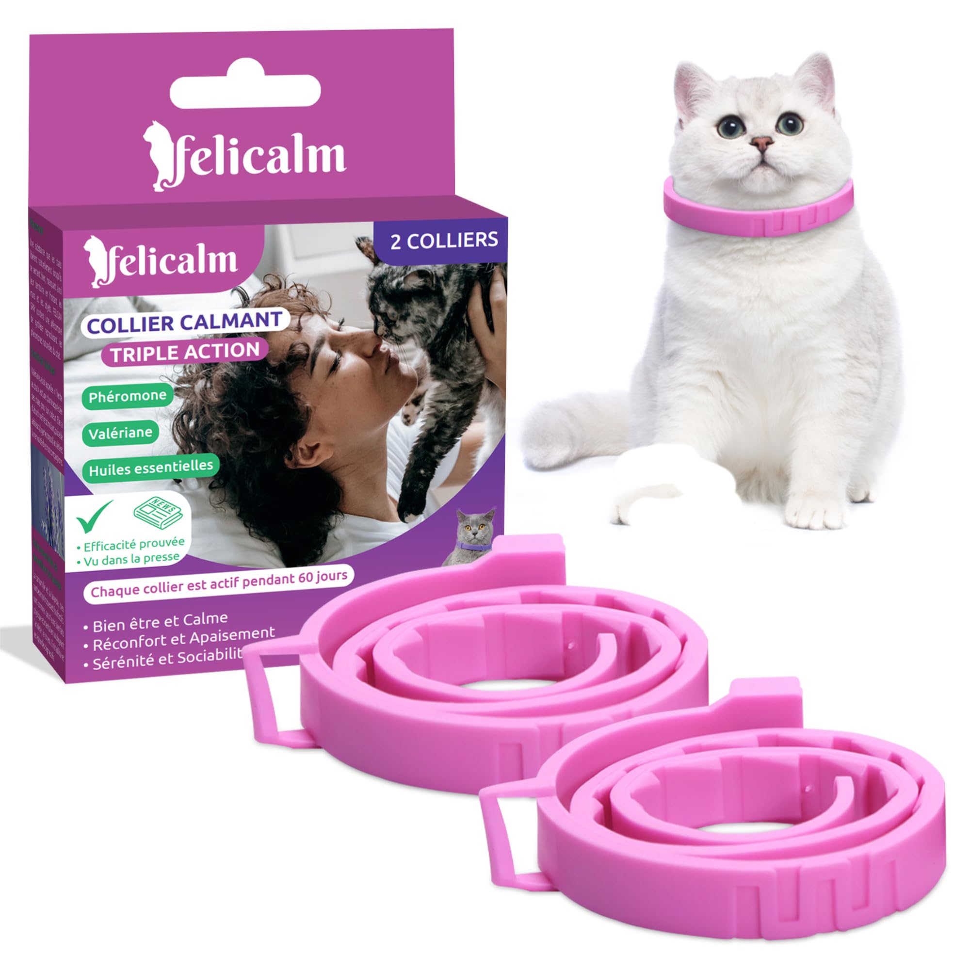 Félicalm Paris/Colliers à la VALERIANE+ PHEROMONE/Anti-Stress pour Chat et Chaton/PHEROMONE féline+ VALERIANE +Camomille+Lavande/ 2 Colliers Actifs 60 Jours