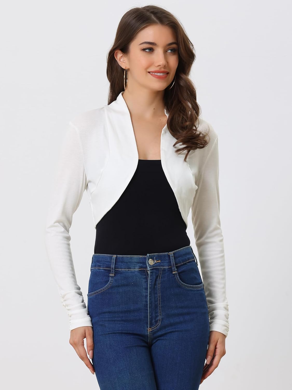 Allegra K Women's Elegant Bolero Shrug Ruched Long Sleeve Open Front Cropped Cardigan - Image 3