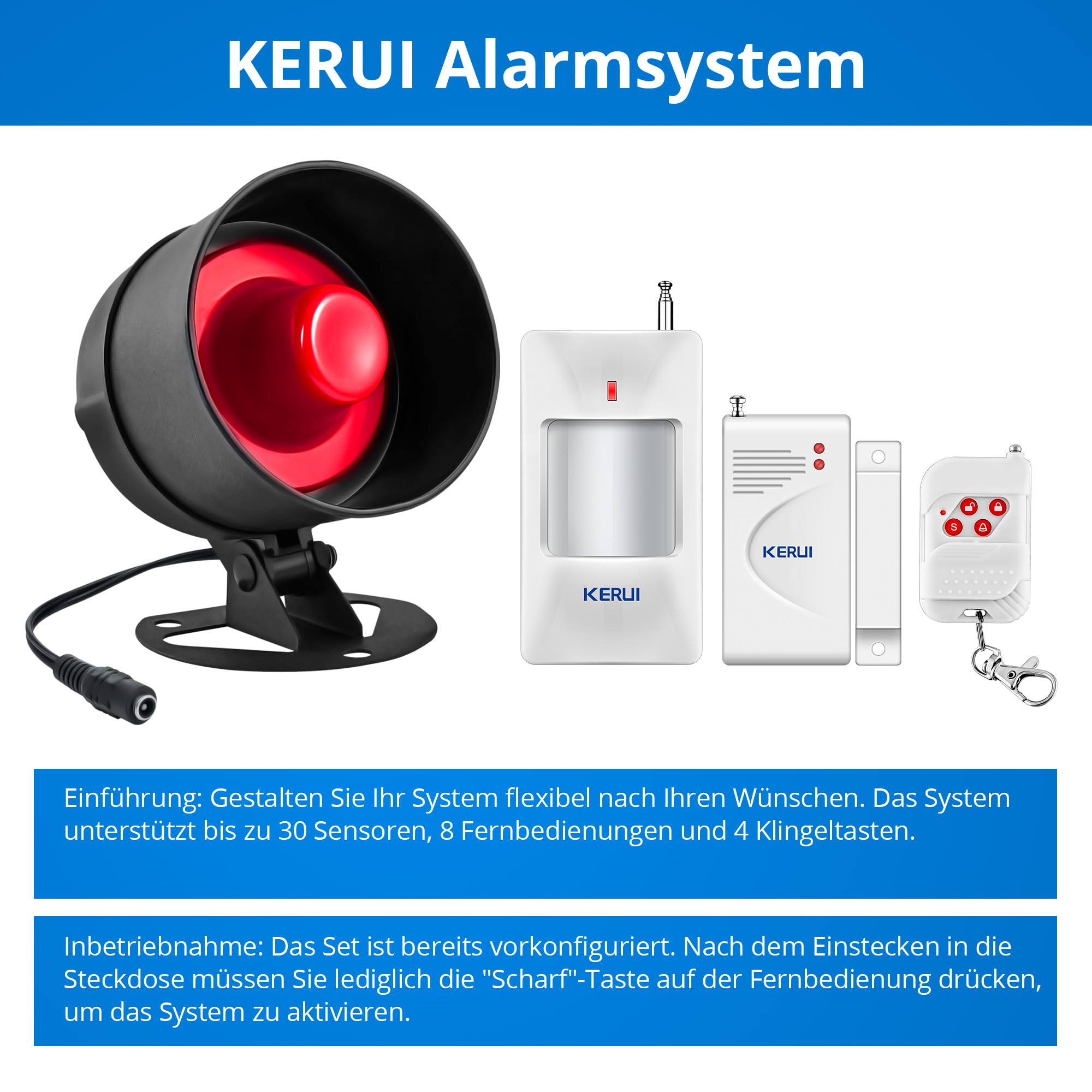 Alarmanlage Haus 11 Teiliges Set, Wohnung und Garage, 115 dB Sirene wetterfeste Sirene für den Innen und Außenbereich mit Fernbedienung und Türkontaktsensor, mit Bewegungssensor