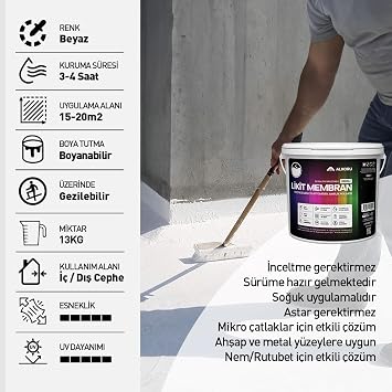 13 KG Likit Membran Renkli Reçine Esaslı Sıvı Su Yalıtım Malzemesi (Beyaz)