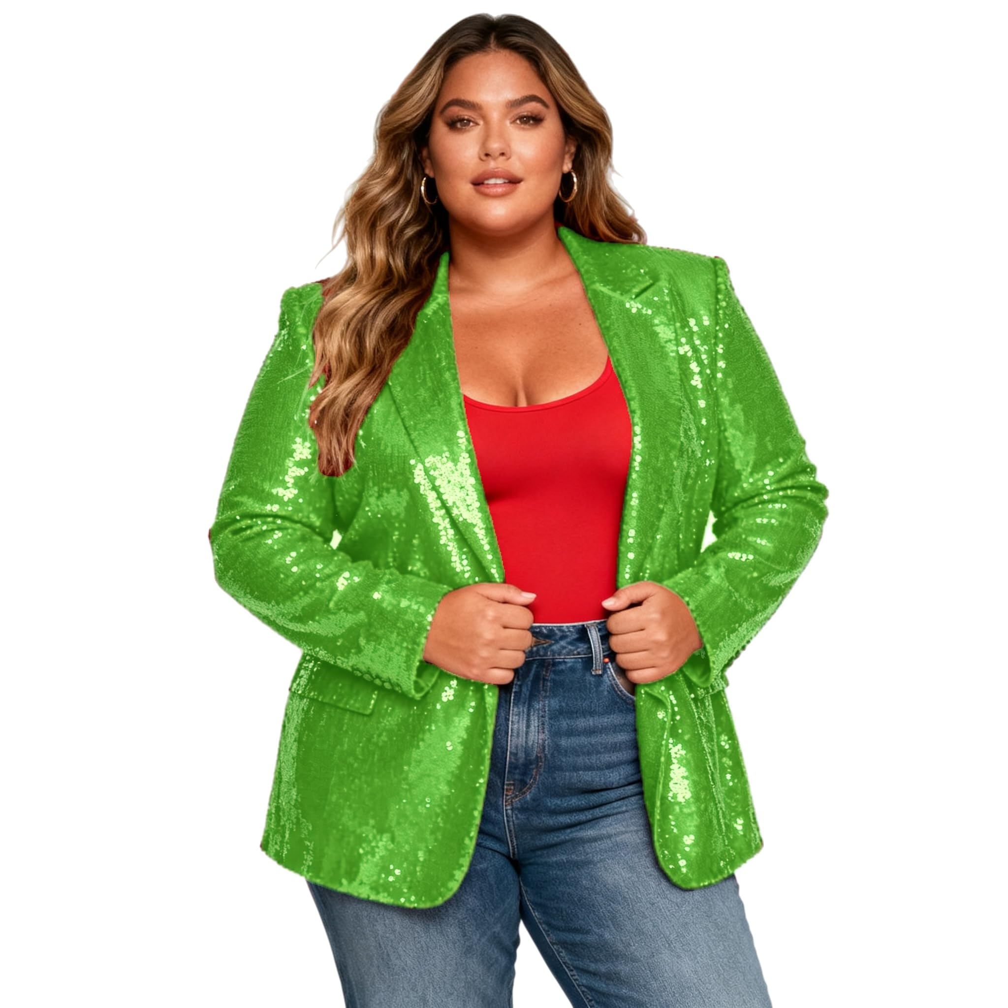 Plus Size Womens Christmas Sequins Blazers Glitter Suits Jacket Party Sparkly Cardigan Coat