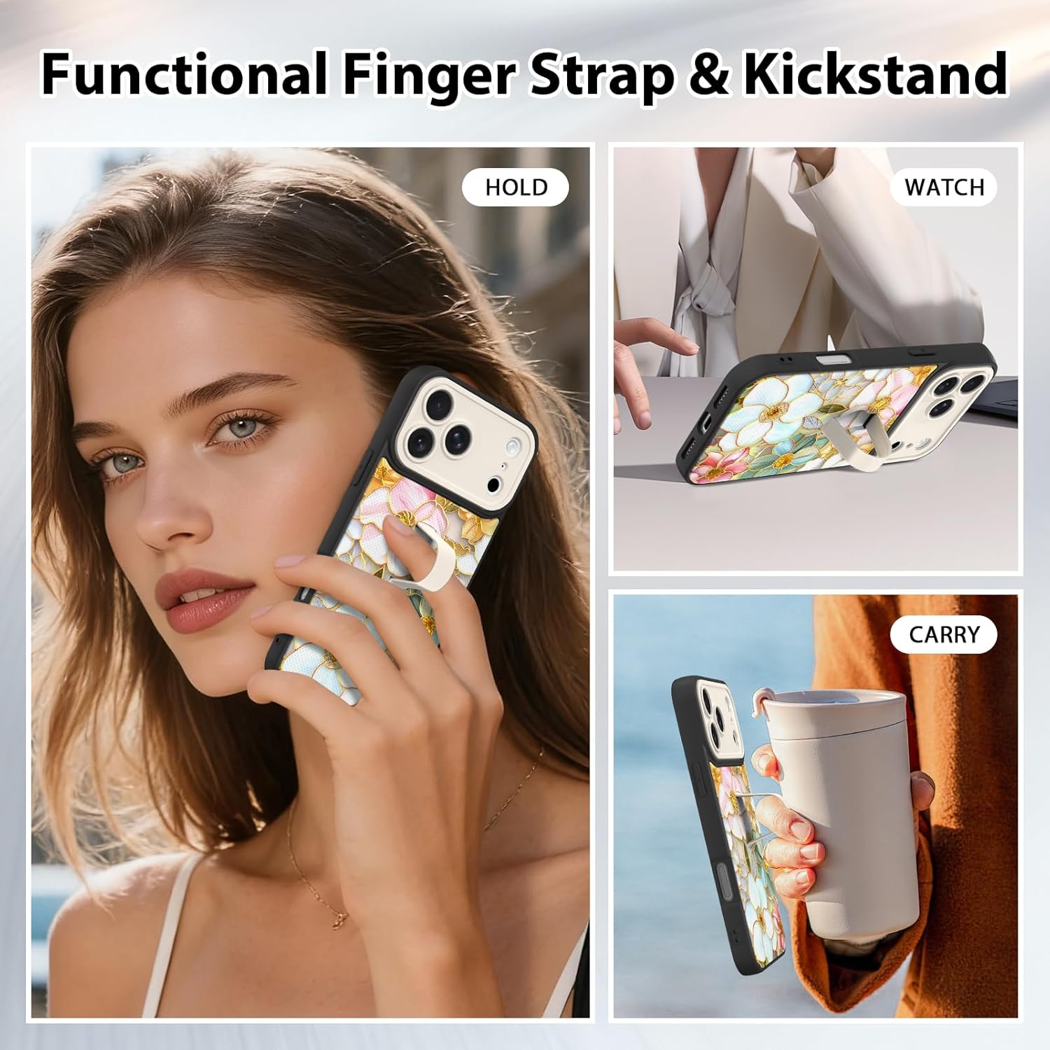 Phone Case Made for fit for iPhone 17 Pro, Strap Stand, Cover for Girls Women -Flower