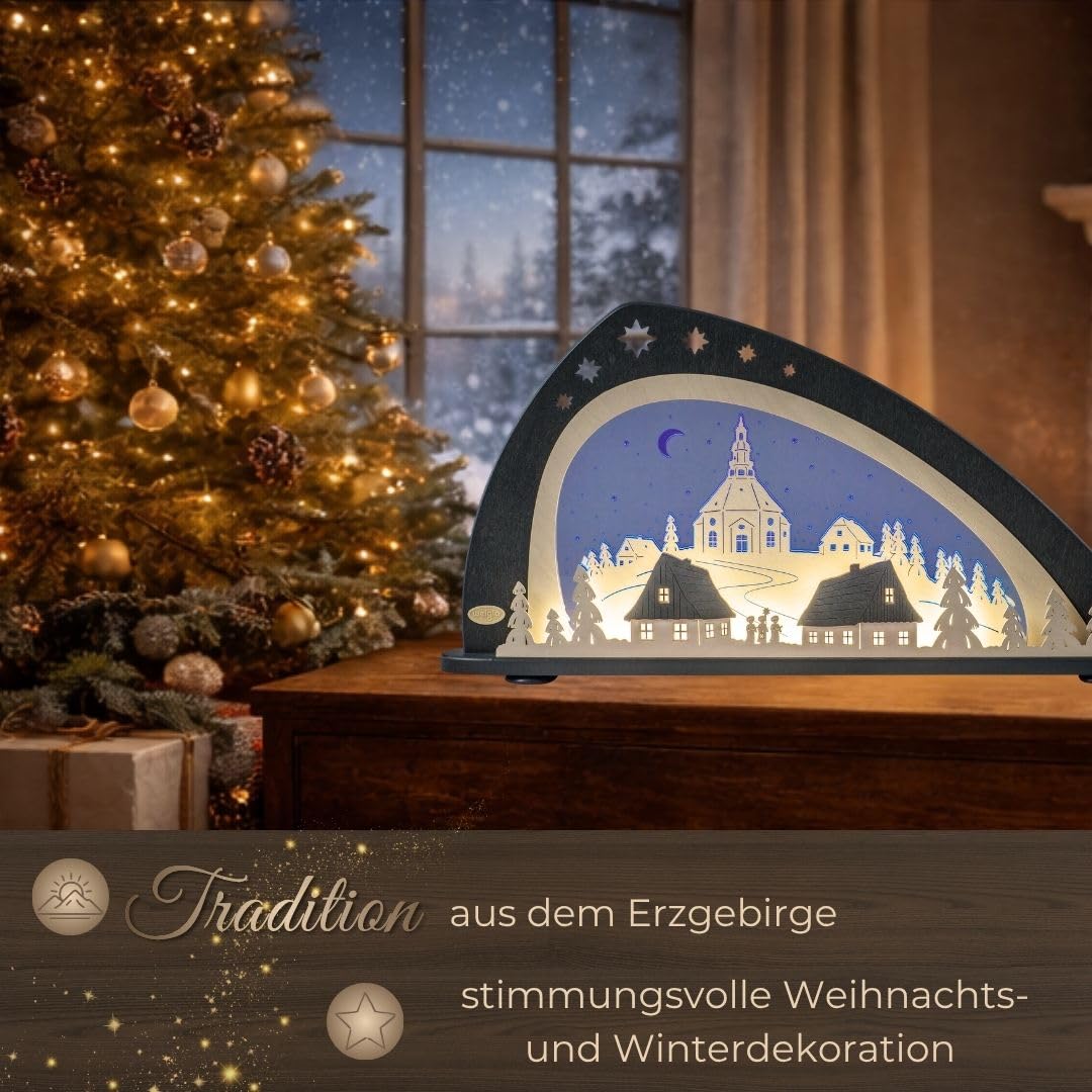 weigla - Schwibbogen original Erzgebirge I Motiv Seiffen I LED-Lichterbogen Weihnachten I Größe 66 x 33,8 x 6 cm I Inklusive Beleuchtung I beleuchtete Weihnachtsdeko innen I aus Holz