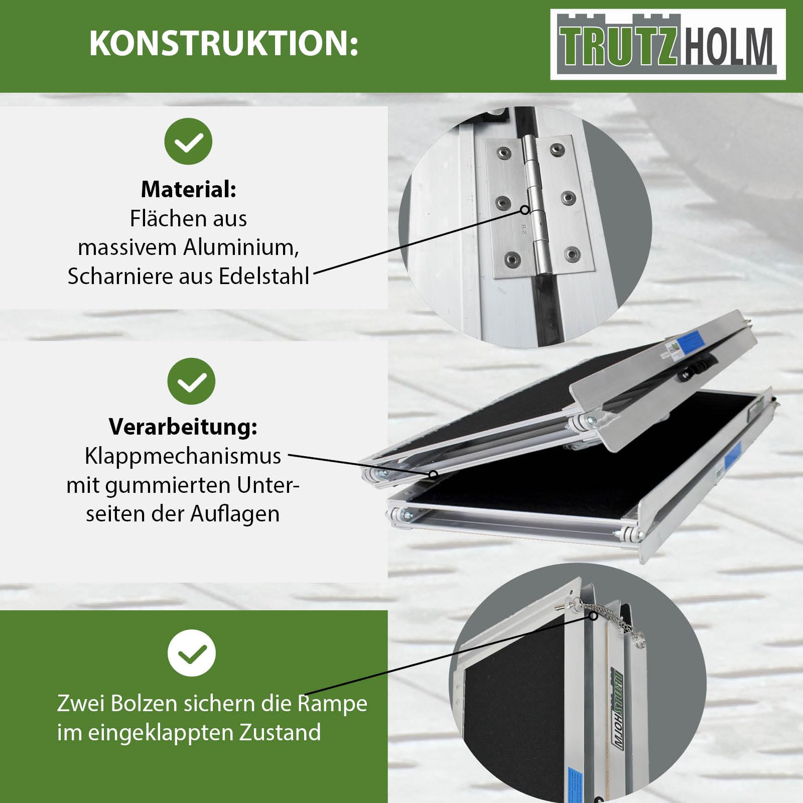 TRUTZHOLM Rollstuhlrampe Auffahrrampe 2-Fach klappbar 213 cm Traglast 272 kg Alu grau schwarz beschichtet