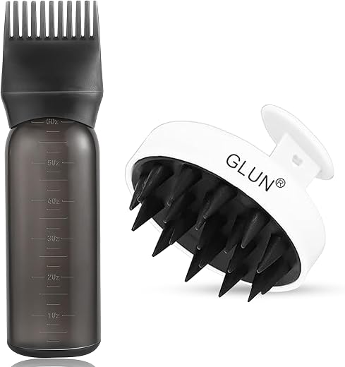 GLUN® Scalp Massager &amp; Dye Comb Bottle Combo, White Anti-dandruff Soft Silicone Bristle &amp; Purple 120ML Hair Dye Applicator...
