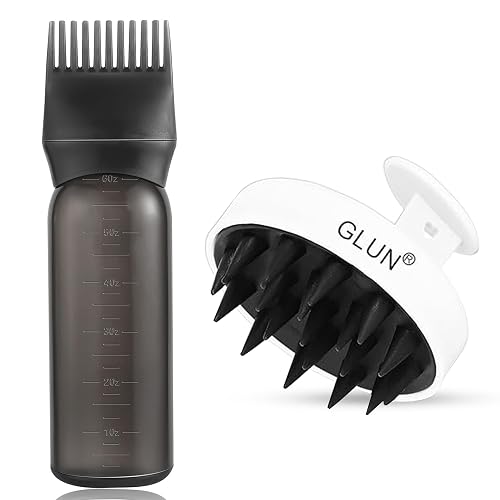 GLUN® Scalp Massager & Dye Comb Bottle Combo, White Anti-dandruff Soft Silicone Bristle & Purple 120ML Hair Dye Applicator Bottle with Hair Oil & Hair Colouring Bottle for Salon Use
