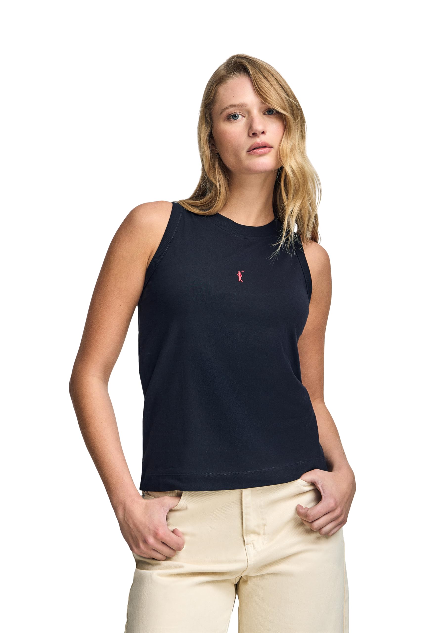 Polo Club Camiseta Mujer Sin Mangas y Cuello Redondo con Logo Bordado - T-Shirt 100% Algodón