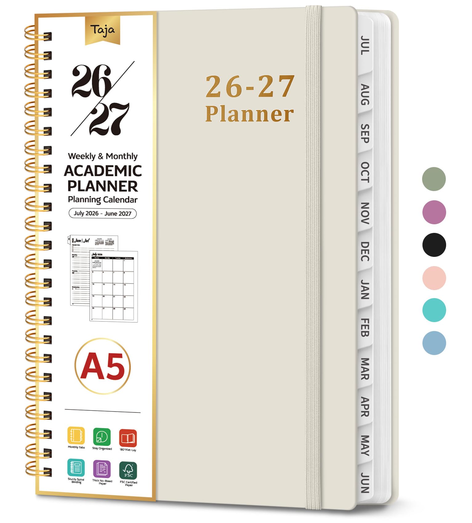 Planner 2026-2027, Weekly and Monthly Calendar Academic Planner for Women, July 2026 - June 2027, Spiral Bound School Planning Tool, Perfect for Teacher, Student, Women & Men, A5 (6.3" x 8.5"), Beige