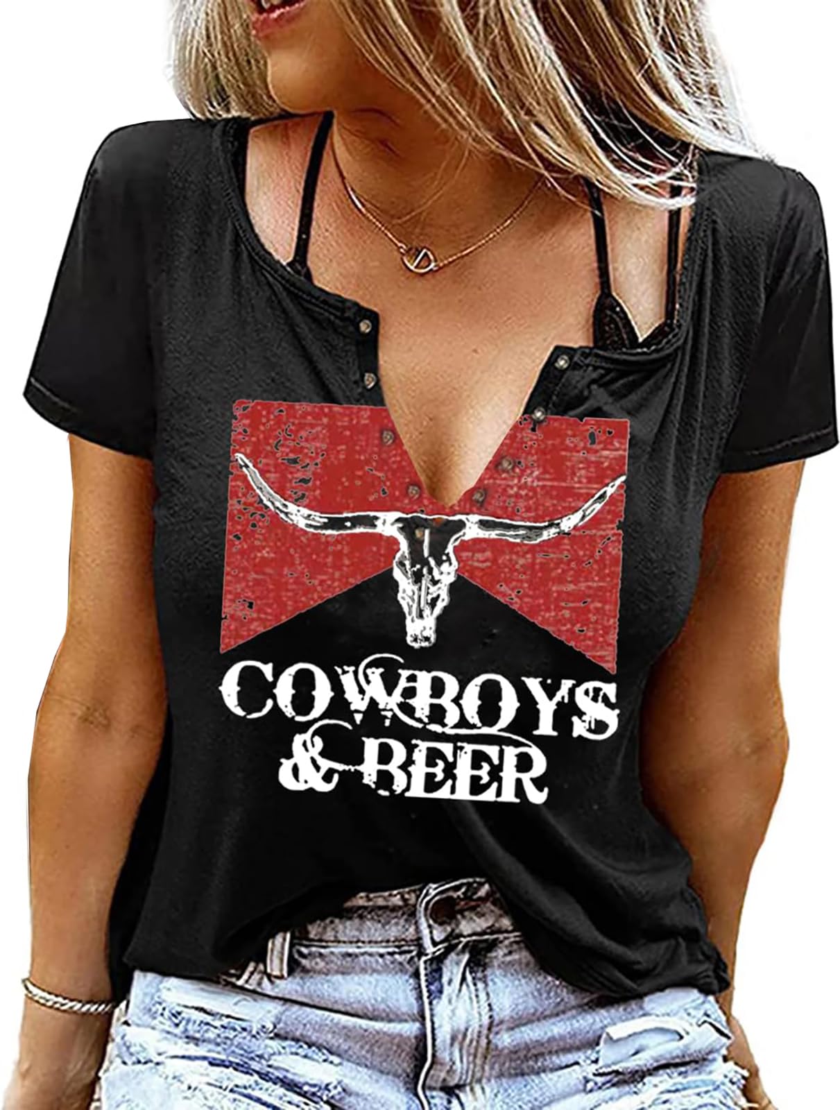 Cowboys & Beer Shirt for Women Country Music Tshirt Vintage Western Steer Skull Graphic Tees Cowboy Rodeo Blouse Top