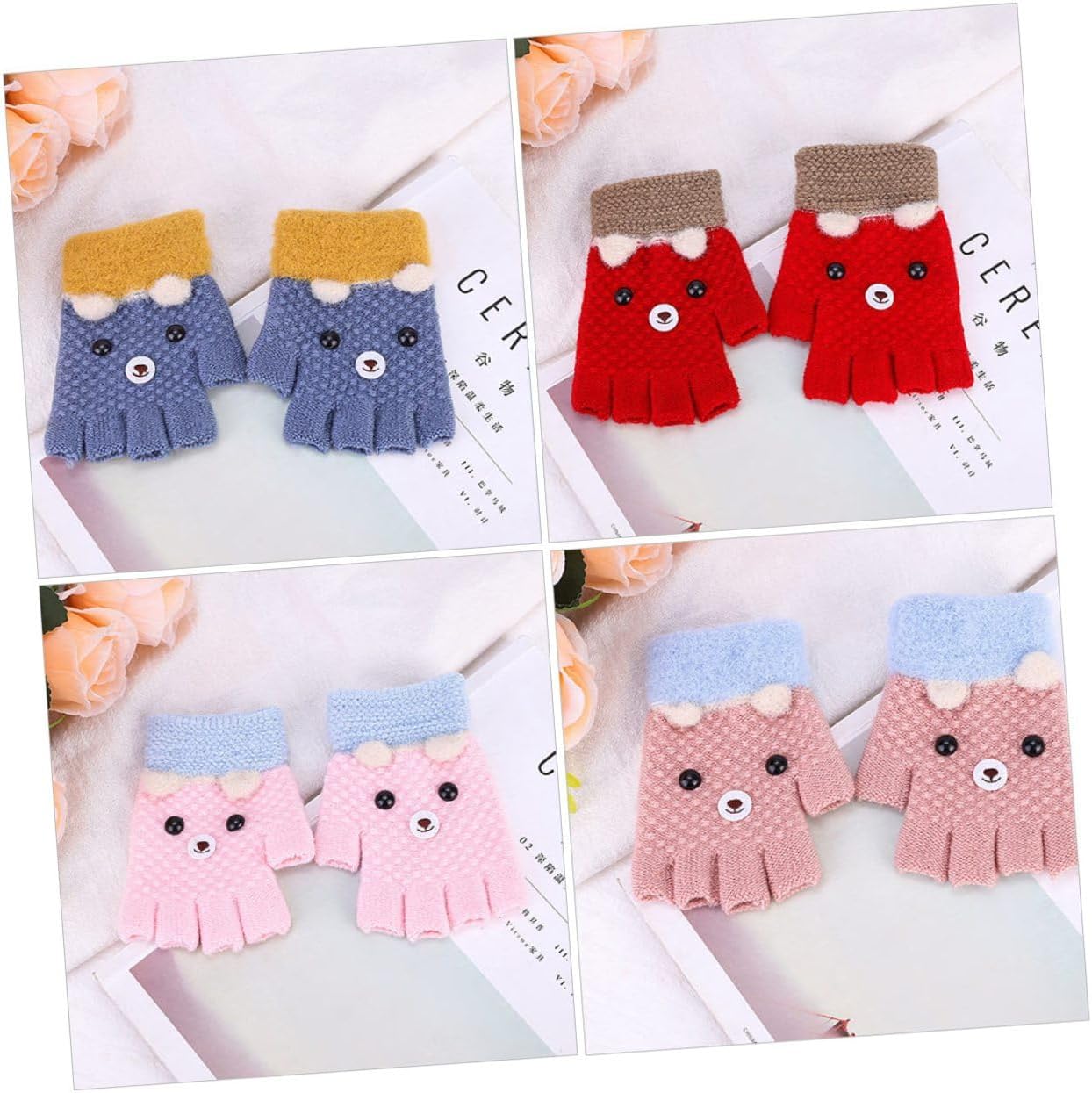 minkissy 4 Pairs Fingerless Gloves, Cartoon Half Finger Knitted Warm Gloves, Soft Knit Fabric, Suitable for Cold Weather Outdoor Activities Random Color
