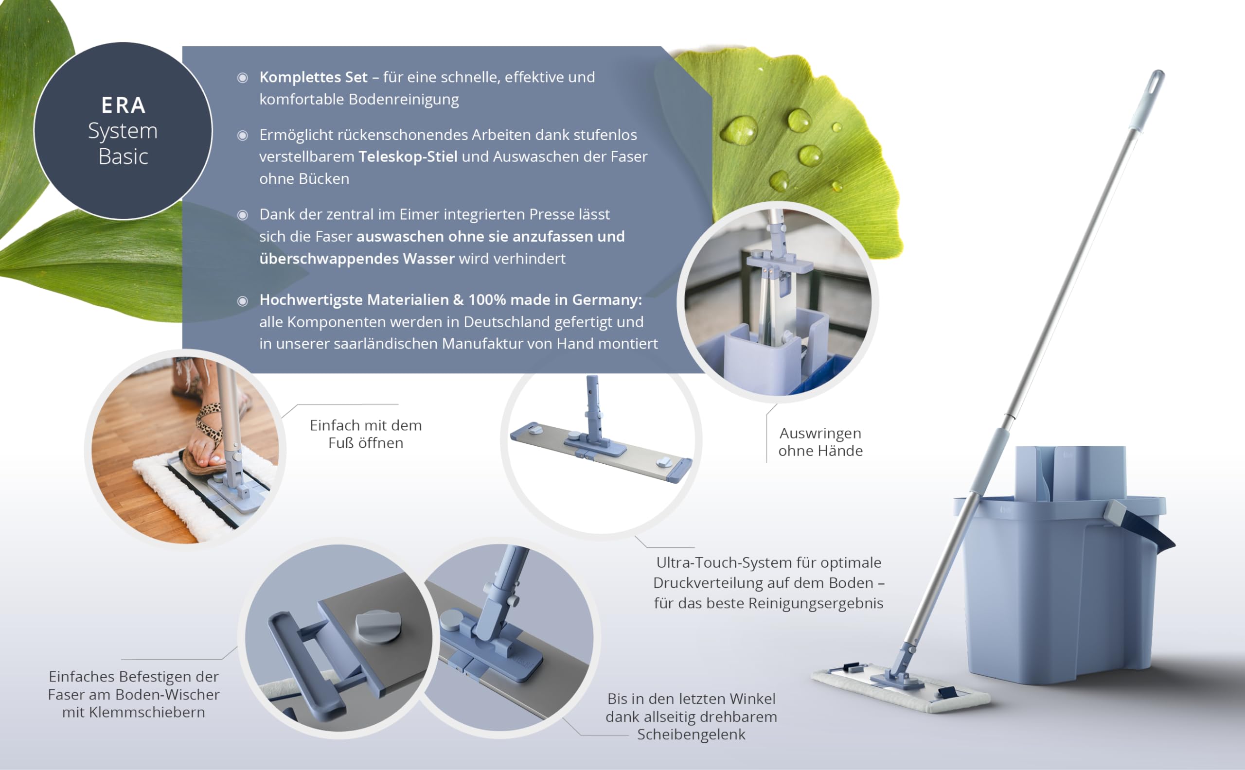 Ha-Ra ERA System Basic Gold-PUR I Kit de nettoyage de sol de qualité supérieure I Système innovant Soft Touch pour un nettoyage optimal I Manche réglable en hauteur I Presse îlot pour un lavage facile