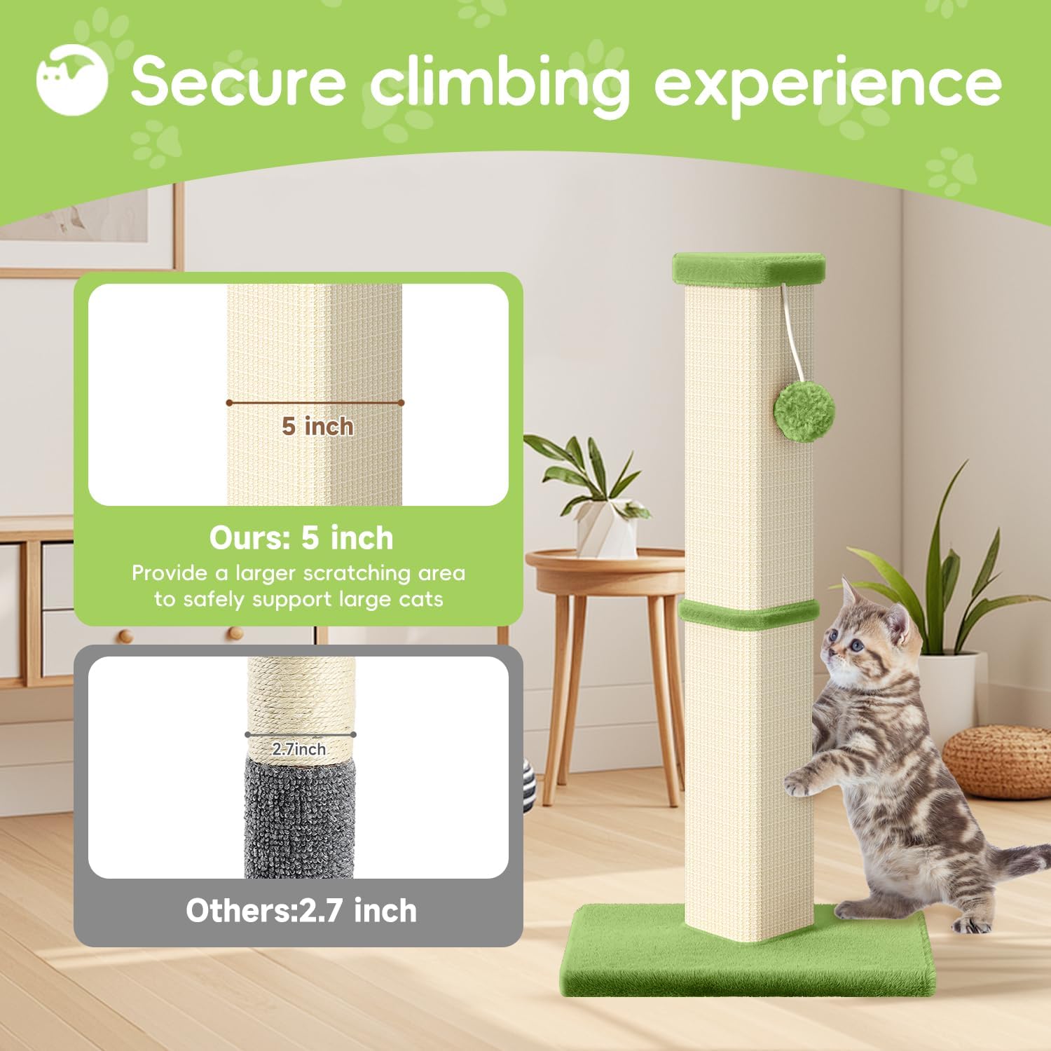 Cat Scratching Post, 32 Inch Tall Scratching Post for Indoor with 5 Inch Diameter Posts and Ball Cat Scratcher for Medium and Large Cats
