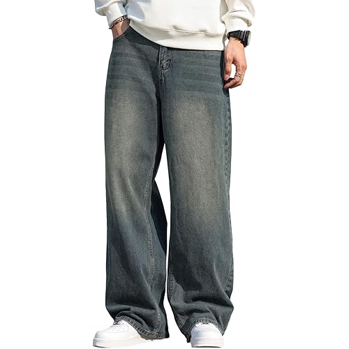 Men's Baggy Hip Hop Jeans Wide Leg Skater Denim Pants Casual Loose Fit Long Trousers Streetwear