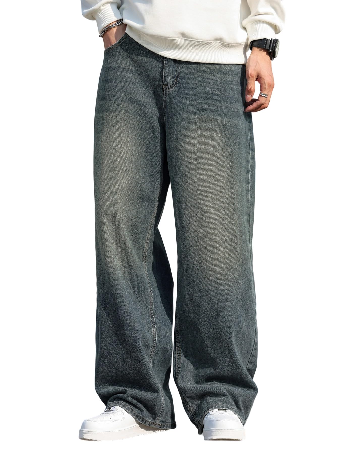 Zewool Herren Irreguläre Naht Baggy Jeans Y2K Hip Hop Weit geschnittene Denim-Hosen Skater Jeans