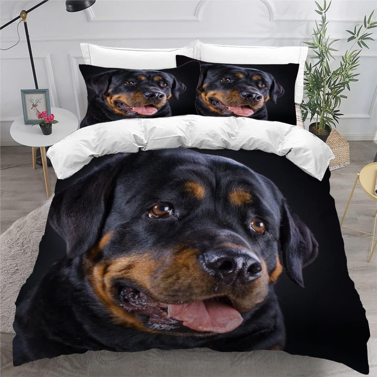 MEVASA Rottweiler Bedding Set - Microfiber Teenager Bedding Animal Dog Black 3D Bedding Set for Small Double - Anti Allergic Double Duvet Cover Set with Zipper /200x200