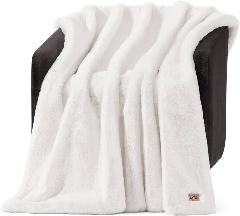UGG Euphoria Throw Blanket, Plush Faux Fur Blanket, 50" x 70", White Snow | Reversible Fluffy Faux Fur to Ultra Soft Microfiber, Velvety Soft, OEKO-TEX Compliant, Machine Washable, Home Decor
