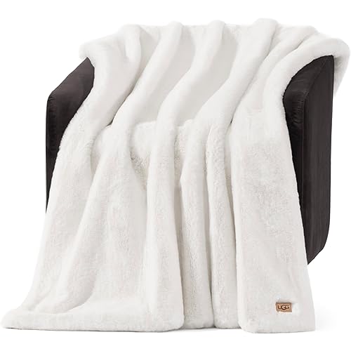 UGG Euphoria Faux Fur Throw Blanket, Warm Fluffy Throw for Couch or Bed, Luxury Bedroom Decor, Fluffy Blankets, Machine Washable, 50-inch x 70-inch, White Snow
