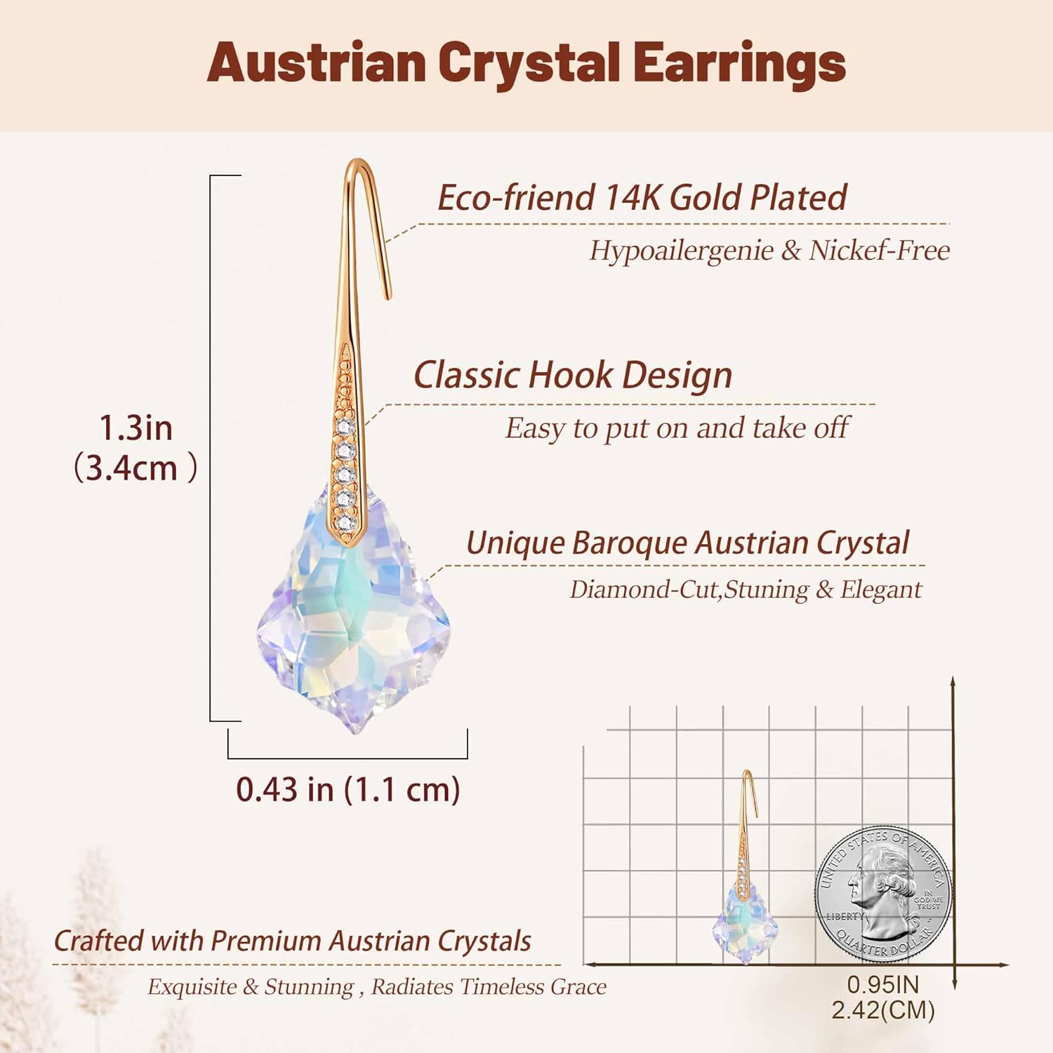 Dainty Austrian Crystal Baroque Drop Dangle Earrings for Women 14K Gold Plated Hook Earring Hypoallergenic Jewelry Gifts for Women - Image 6
