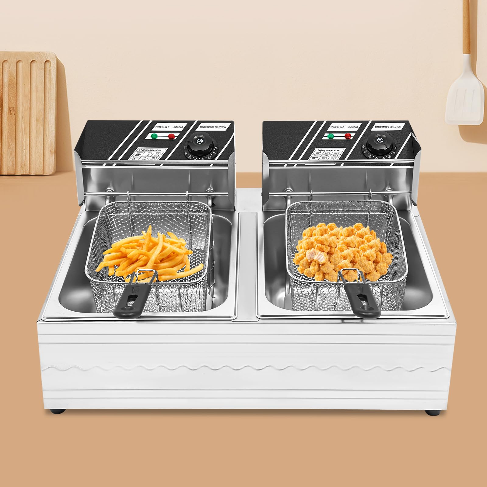 Freidora doble, freidora eléctrica de 12L, acero inoxidable Gastro doble Freidora (6 L+6L) Freír eléctrico comercial Alitas de pollo, patatas fritas, trozos de pescado, 60-200 ℃