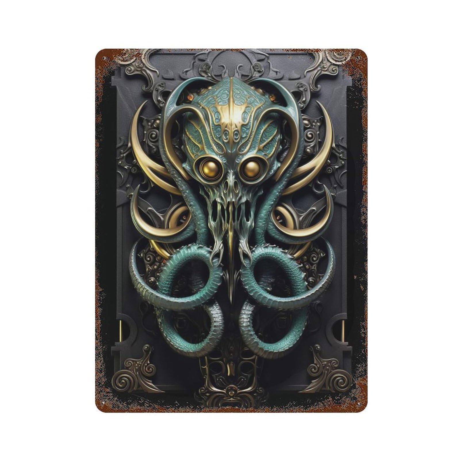 Vintage Rust Metal Sign with Golden Tentacled Kraken Design 15.7"x11.8", for Office, Studio And Wall Decor, Farmhouse Wall Decor