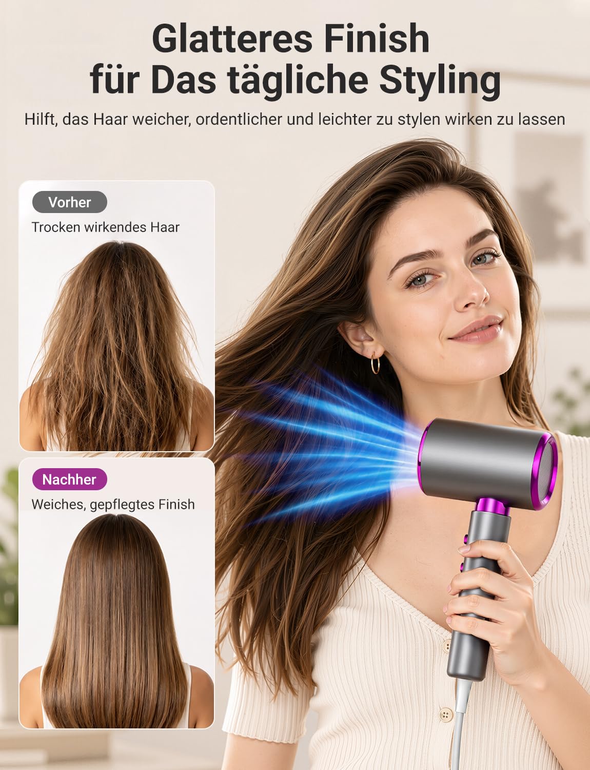 2400W Ionen Haartrockner mit Kaltstufe Professioneller Föhn mit 3 Temperatur- & 2 Gebläsestufen, Anti-Frizz Technologie, inkl. Diffusor & Stylingdüse – Schnelles & schonendes Haarstyling