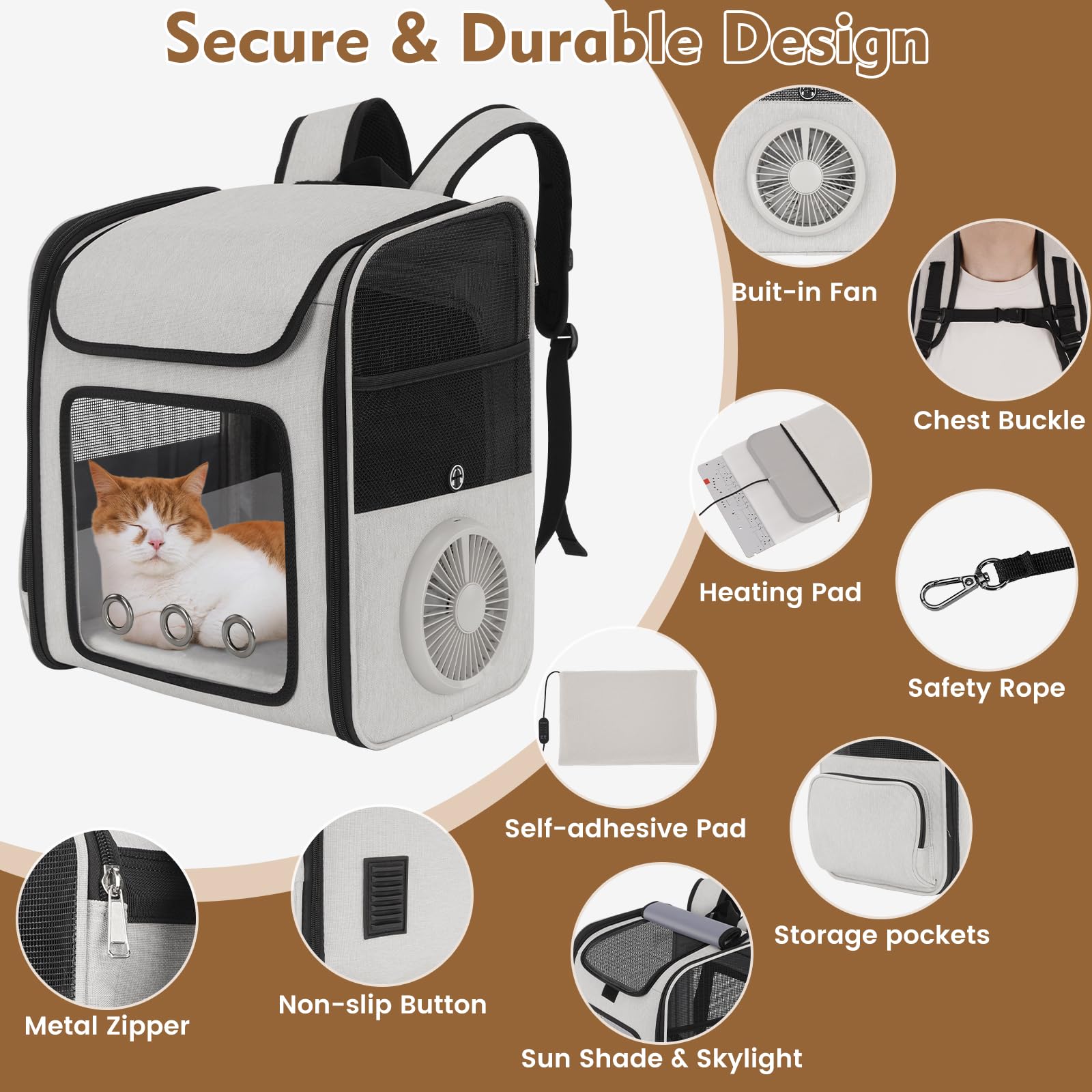 TTPet Pet Backpack Carrier with Built-in Cooling Fan & Heating Pad, Expandable Cat Carrier Backpack for Cats and Small Dogs, Ventilated Travel Backpack Carrier for Hiking/Outdoor/Vet Visits, Grey - image 5