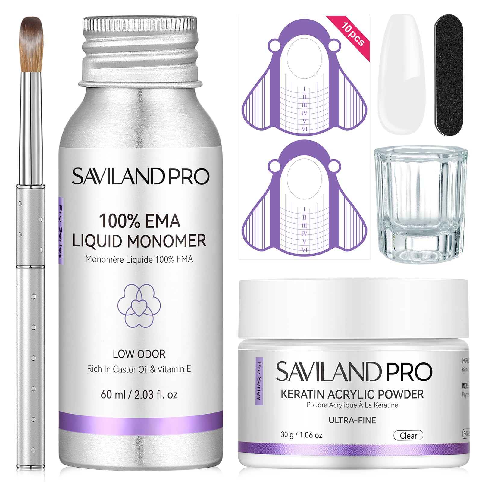 SAVILAND Set di Unghie Acriliche per Principianti: set Completo Acrilico per Unghie Polvere Acrilica Trasparente Monomero EMA con Pennello e Sagome per Allungamento Unghie per Fai Da Te