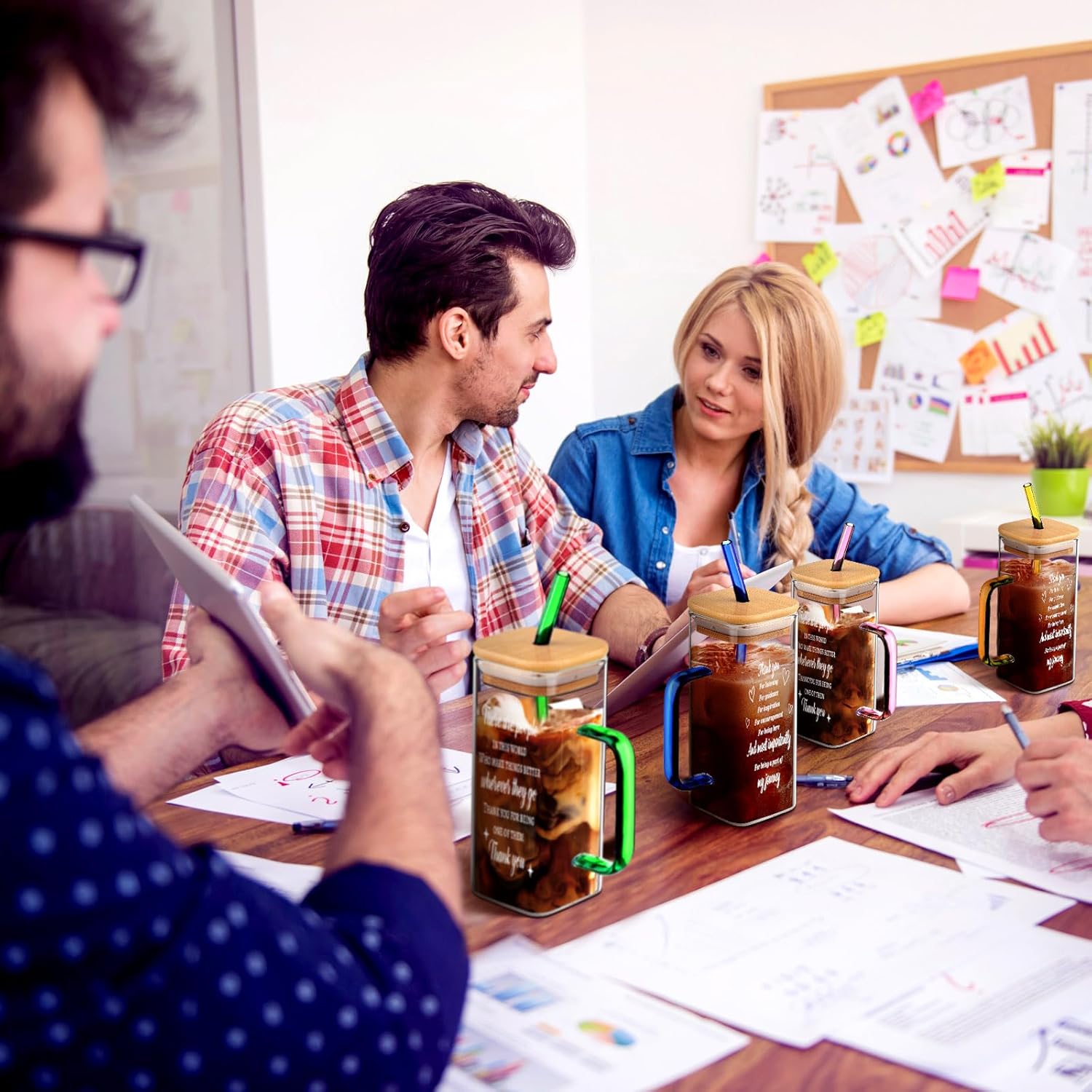 Uiifan 12 Pcs Employee Appreciation Gifts Easter Gift for Coworkers Thank You Glass Cups with Lids Straws 13.5 oz Iced Coffee Cups with Handle for Volunteer Employee Teacher Nurse (Thank you)