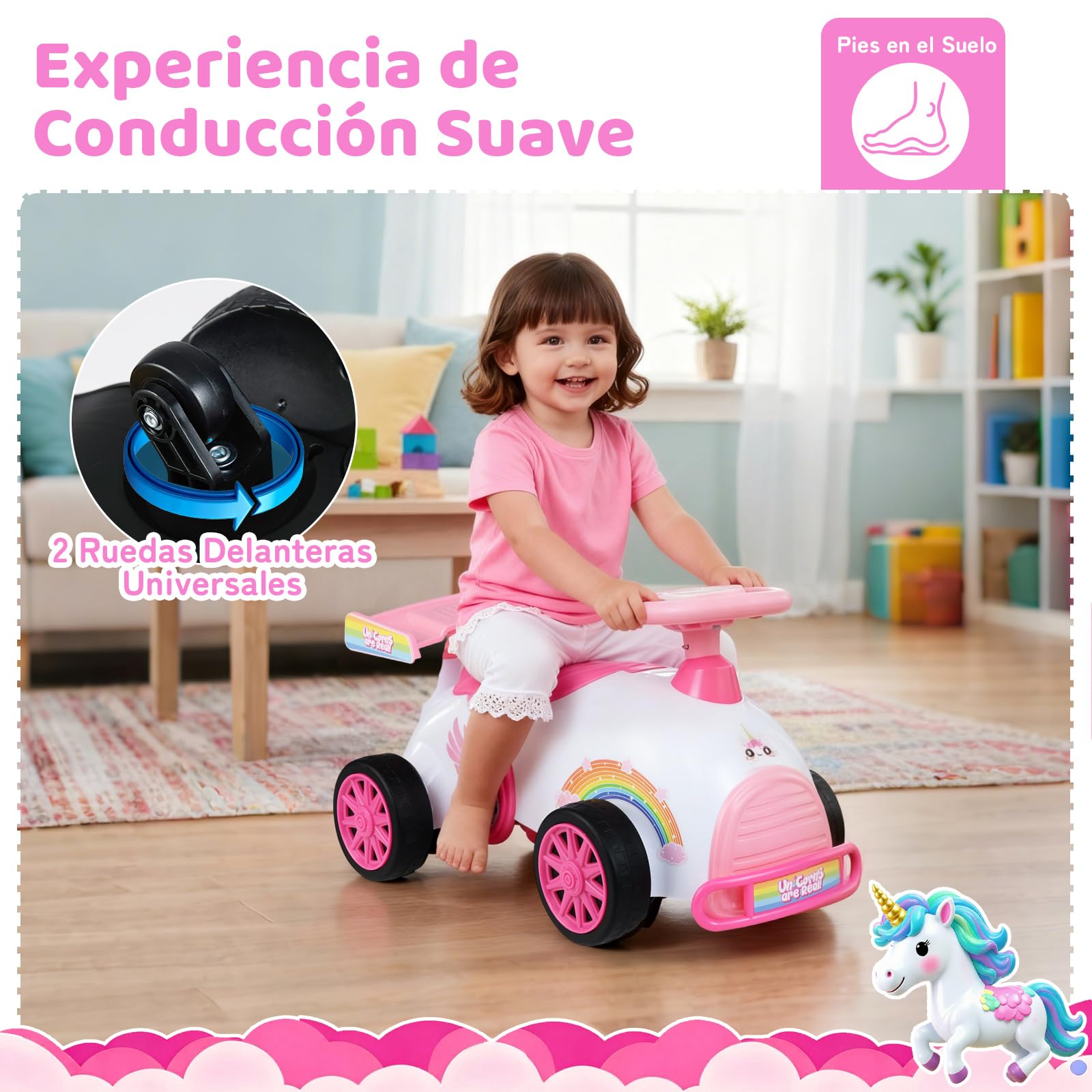 COSTWAY Coche de Correpasillos para Niños, Coche Deslizante de Pie a Suelo con Música y Almacenaje Bajo Asiento, Cochecito Infantil con Ruedas Universales para Niños de 19 a 36 Meses (Unicornio)