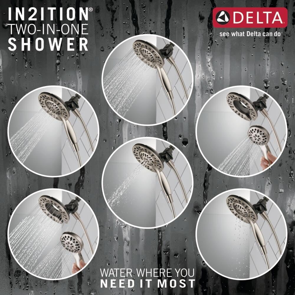 Delta 4-Setting In2ition 2-in-1 Dual Shower Head with Handheld Spray, Brushed Nickel Detachable Shower Head with Hose, 2.5 GPM Flow Rate, Spotshield Nickel 75490SN