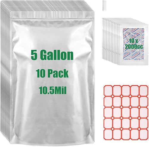Bolsas de Mylar de 5 galones para almacenamiento de alimentos, bolsas de Mylar de 10.5 mil con absorbentes de oxígeno, bolsa de Mylar de 2000 cc-10,