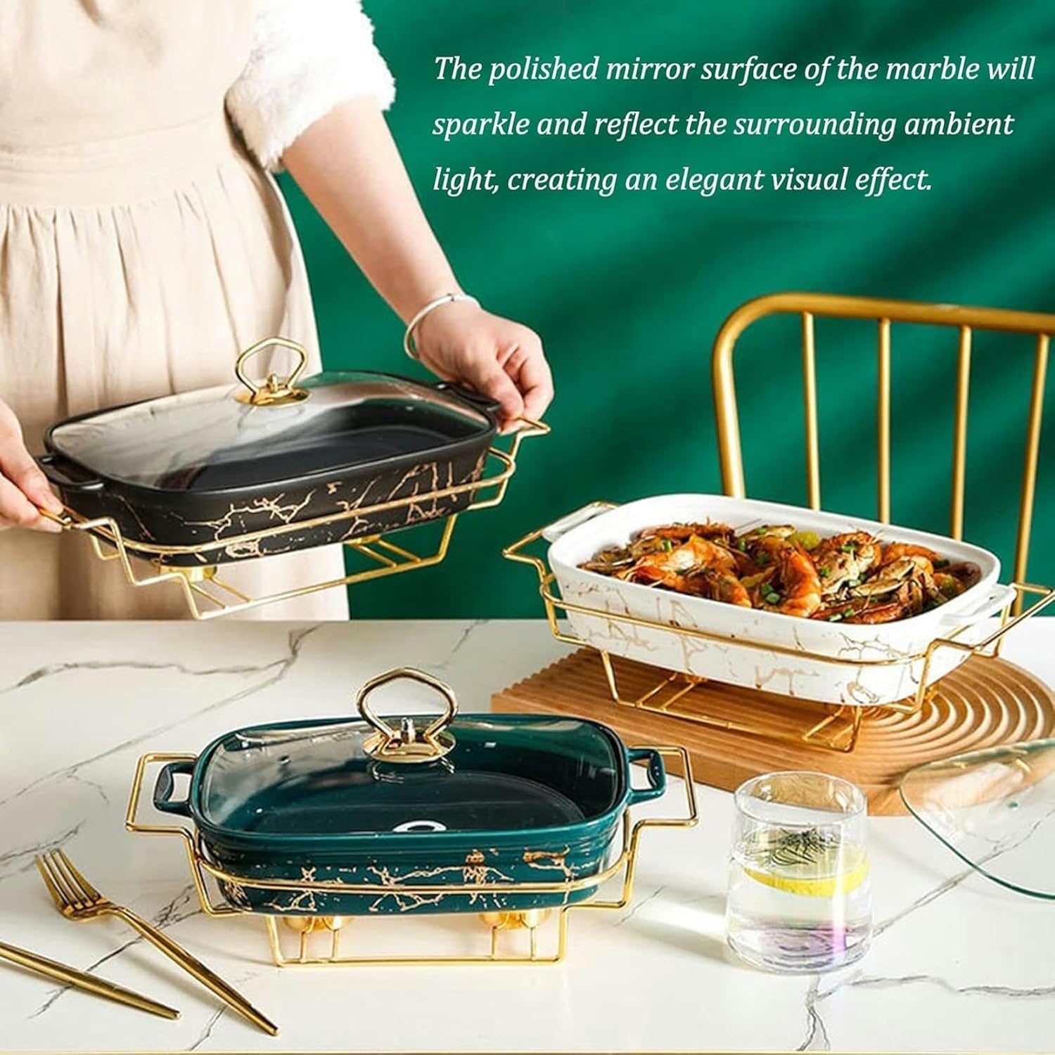 Chafing Dish Buffet Set, Ceramic Buffet Chafer with Imitation Marble Finish, Hot Pot Warmer for Weddings, Buffets, and Banquets(Green,Large) (Black Medium)