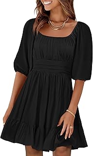 Women Summer Casual Short Lantern Sleeve Square Neck A-Line Flowy Boho Mini Dress 2025 Trendy Beach Travel Clothes - Buy now