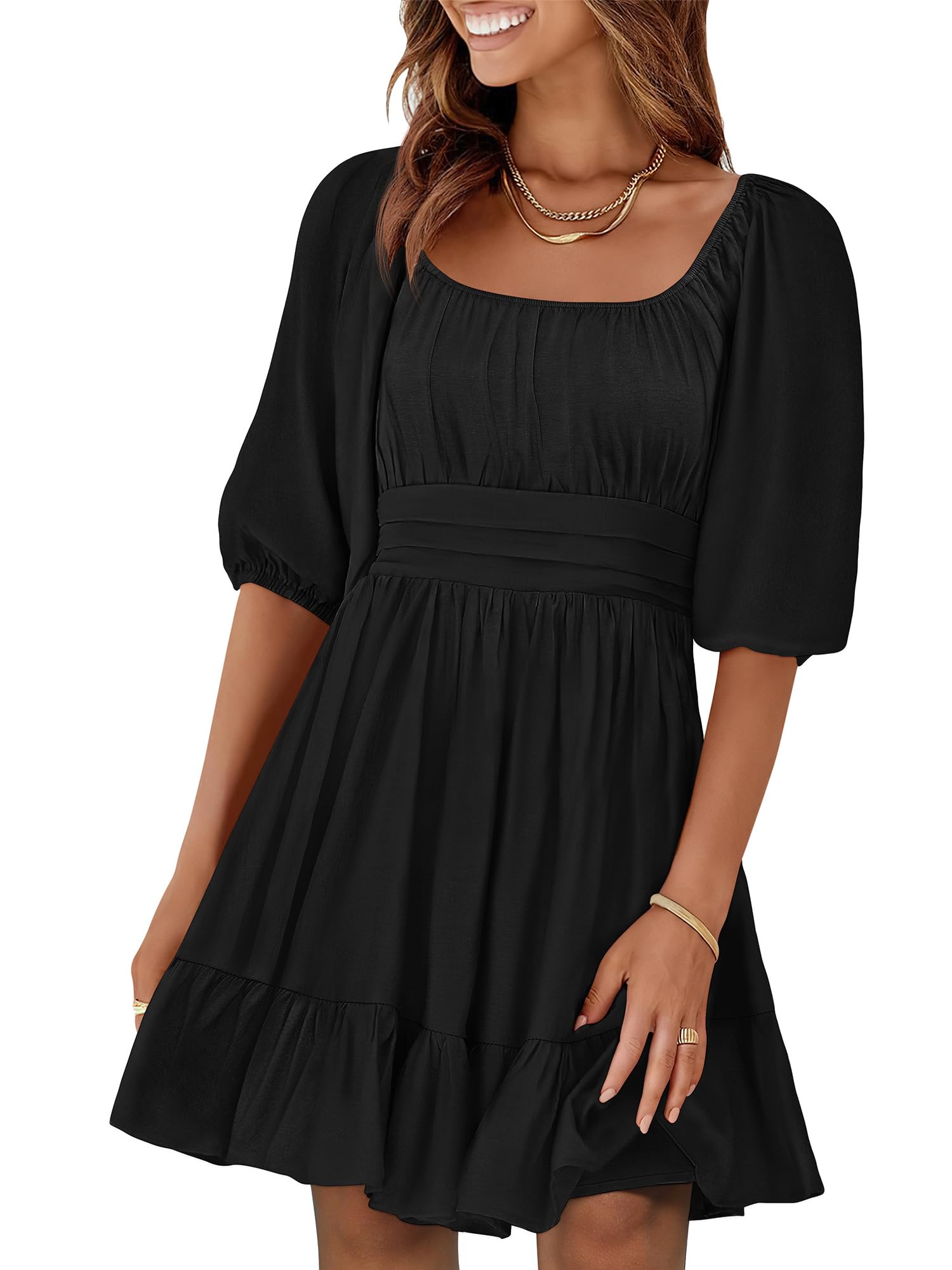 ANRABESS Women Summer Casual Short Lantern Sleeve Square Neck A-Line Flowy Boho Mini Dress 2025 Trendy Beach Travel Clothes