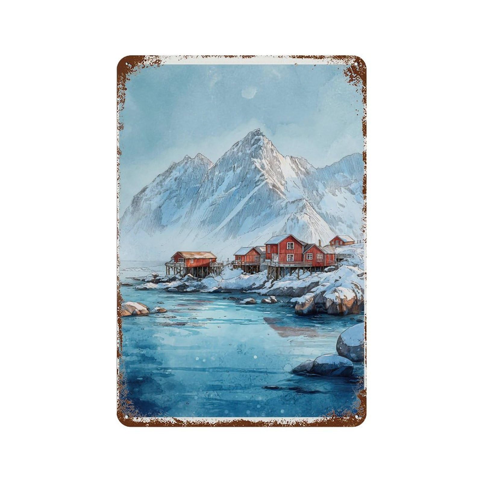 xiaoxiaoshen Lofoten Islands Norway Watercolor Winter Coastal Village Travel Wall Decor Art Metal Tin Poster Modern Home Decor Art Home Bar Shop Decorations Vintage Sign 30x20cm