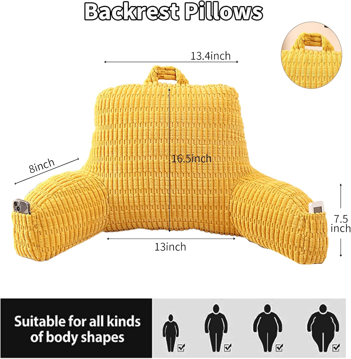 Reading Pillow for Sitting in Bed, Large Backrest Reading Pillow with Polypropylene Cotton (Bright Yellow Corduroy, Standard(17inch))