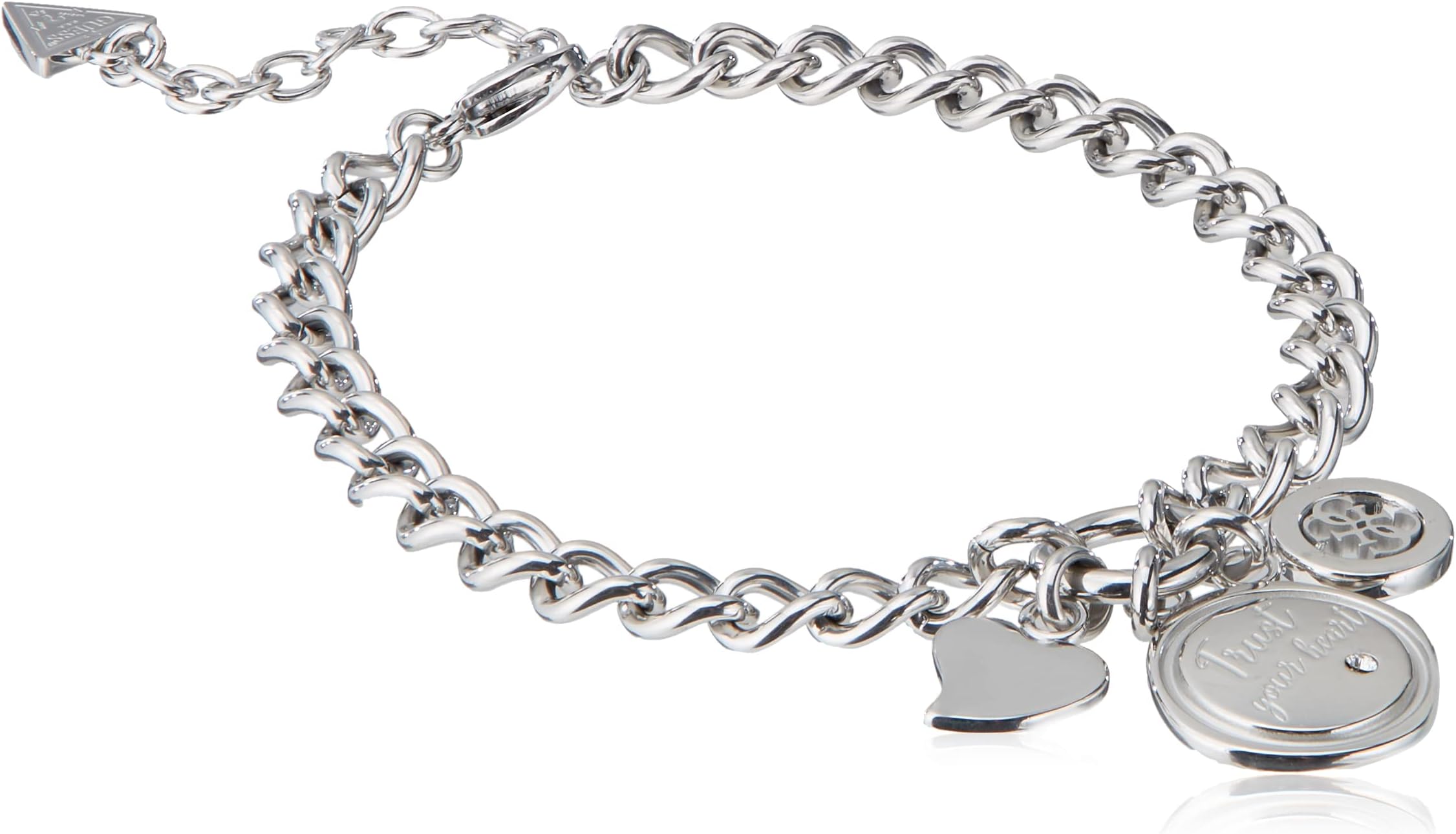 GUESSJewellery Guess My Feelings Trust Your Heart Charm Bracelet UBB70047-L, Large, Stainless Steel, no gemstone