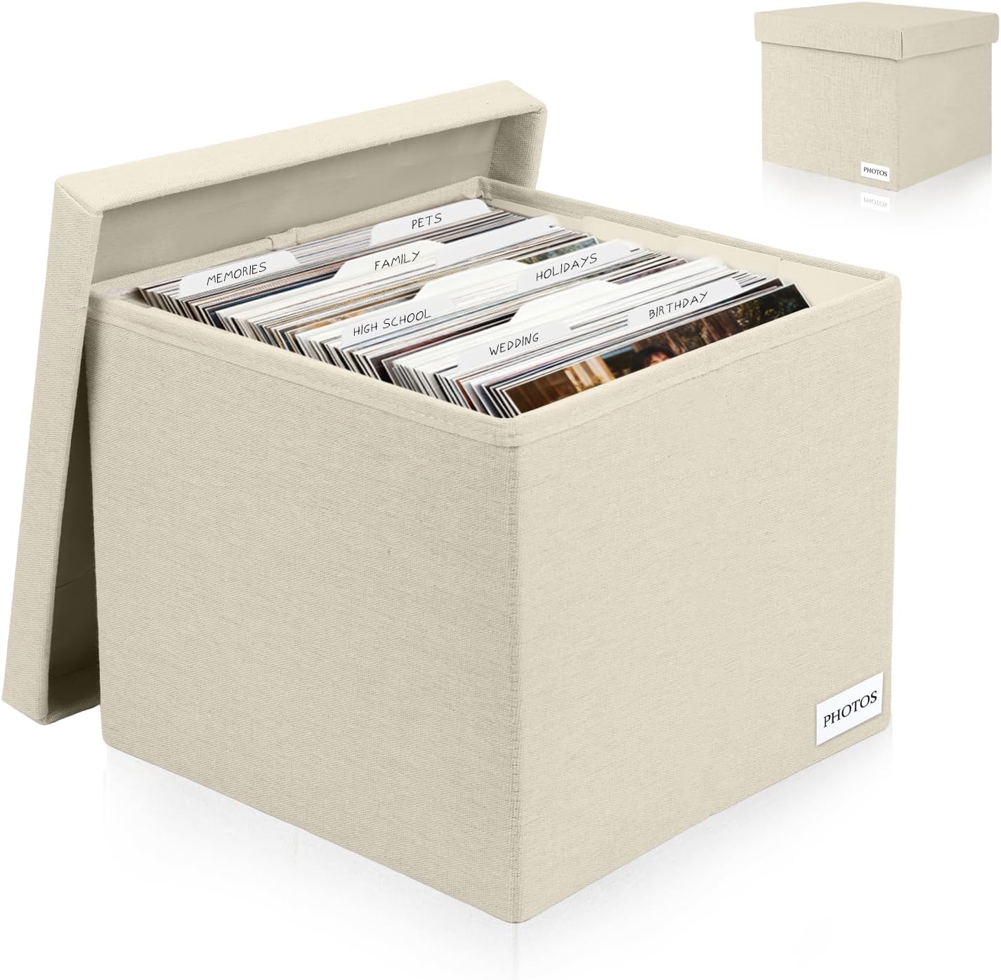 Decorative Photo Storage Box - Linen Photo Box Organizers with Dividers, Fits Holds Up to 800 Photos in 8x10 inch Size, Portable Scrapbook Storage Containers with Lid (Beige)