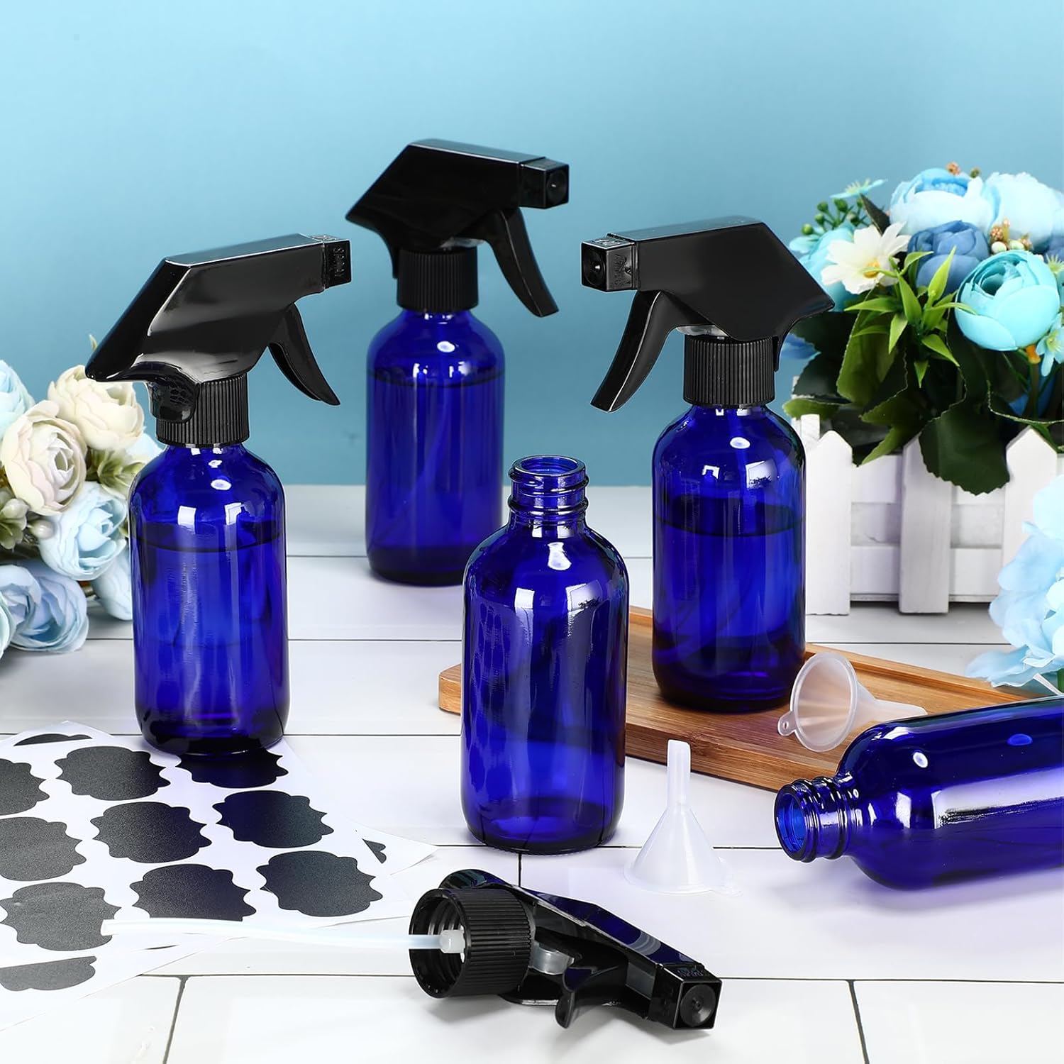 Fumete 20 Pcs 4 oz Glass Spray Bottles Empty Refillable Sprayer Containers with Funnels Labels Black Trigger Sprayers Spray Bottles for Essential Oil DIY Kitchen Hair Plants(Blue)