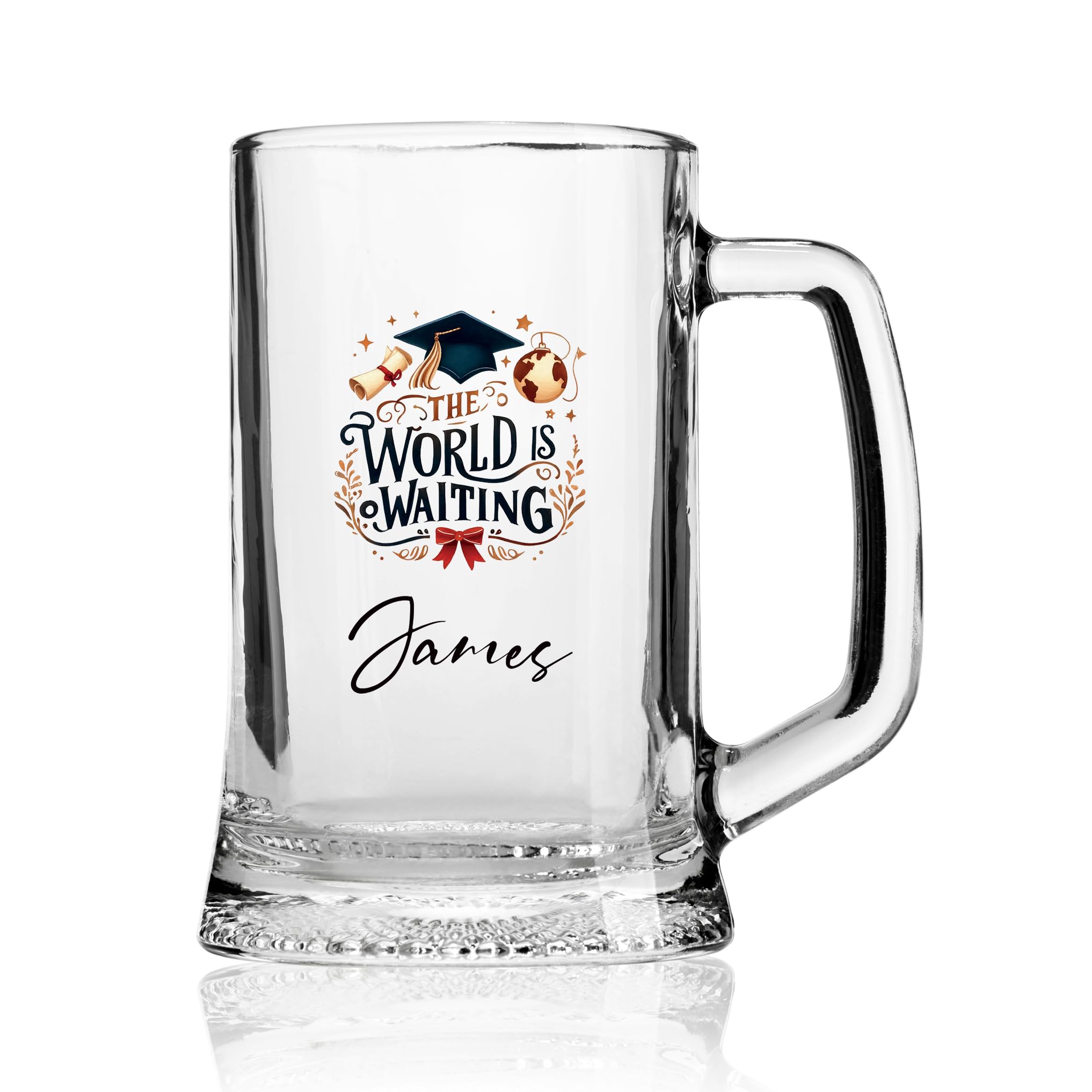 ukgiftstoreonline Personalised Graduation Beer Glass Tankard, 1 Pint, Sturdy Base, Keepsake (World is Waiting)