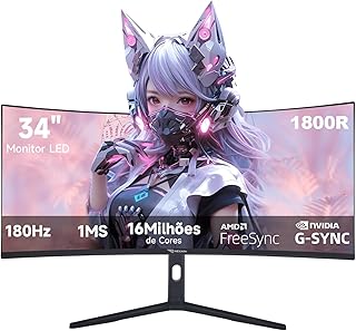 monitor 34 Ultrawide Curvo QHD 3440x1440 180Hz - Tela 1800R,1ms GTG,100% sRGB,FreeSync e G-SYNC Compatível,Suporte em Alumínio Ajustável - Monitor Gamer Ideal para Entretenimento,Trabalho e Jogos