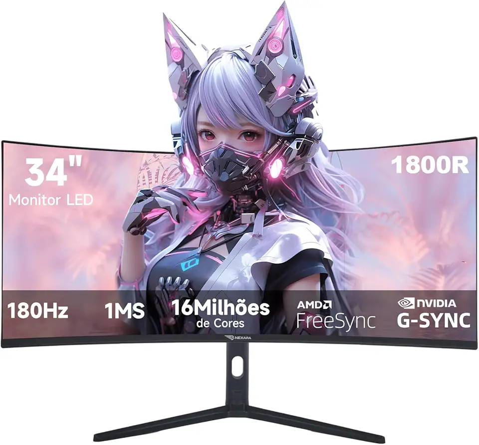 monitor 34 Ultrawide Curvo QHD 3440x1440 180Hz - Tela 1800R,1ms GTG,100% sRGB,FreeSync e G-SYNC Compatível,Suporte em Alumínio Ajustável - Monitor Gamer Ideal para Entretenimento,Trabalho e Jogos