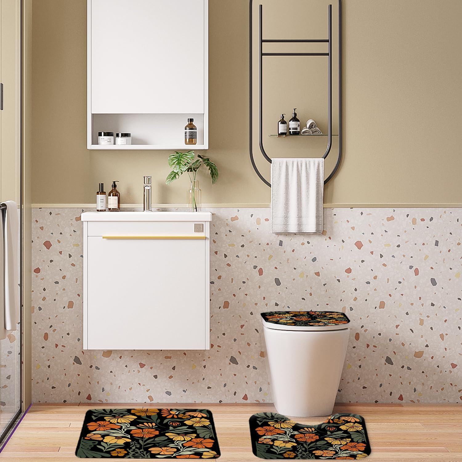 Boho Floral Bathroom Sets 4 Piece with 60x72 Inch Shower Curtain, Bohemian Fun Vintage Retro Flower Design, Orange and Black Botanical Plant Non-Slip Bath Mat U Shape Rug and Toilet Lid Cover
