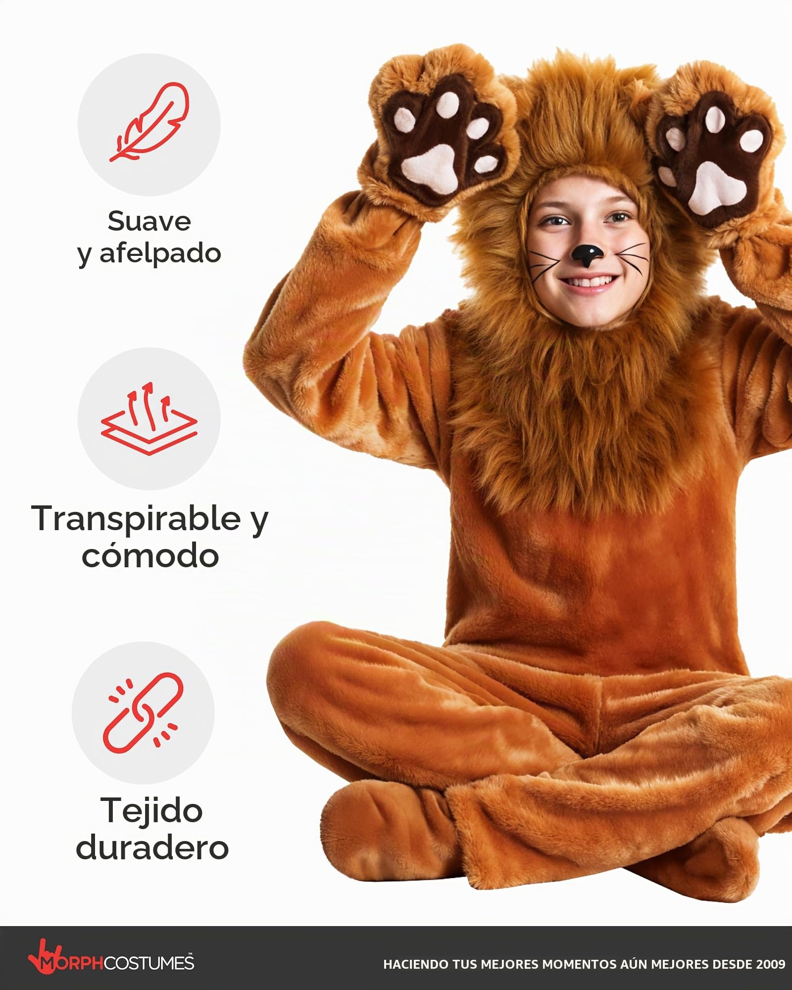 Morph Disfraz León Infantil Mono Suave Capucha Melena Orejas Cola Desmontable Animal Marrón Tallas T2 S M L XL