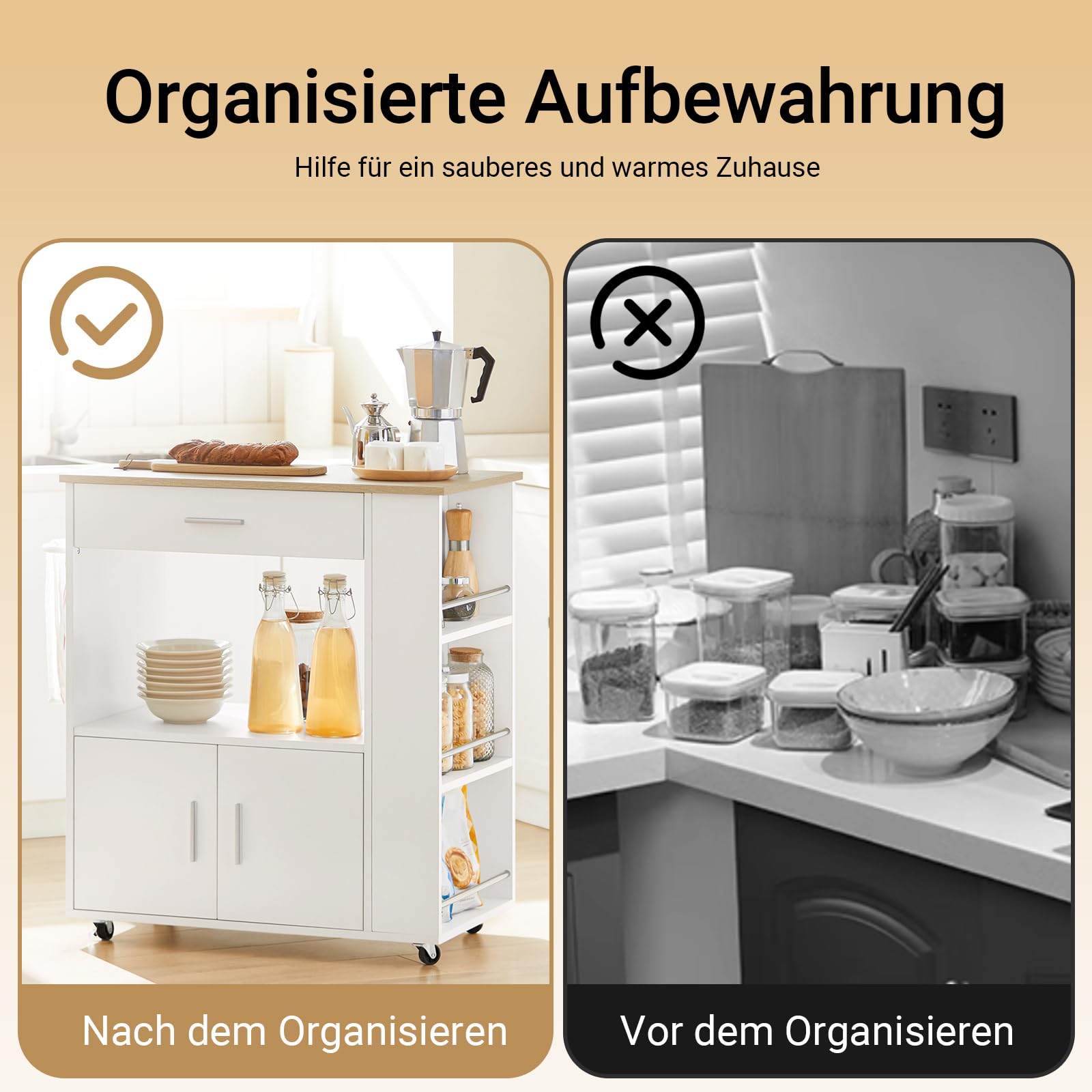 SoBuy Servierwagen mit Rollen Küchenwagen mit Arbeitsplatte Rollwagen Küche Kücheninsel mit Arbeitsplatte schmaler Mikrowellenschrank Küchenschrank Beistelltisch Holz Weiß 82×88×46 cm FKW113-WN