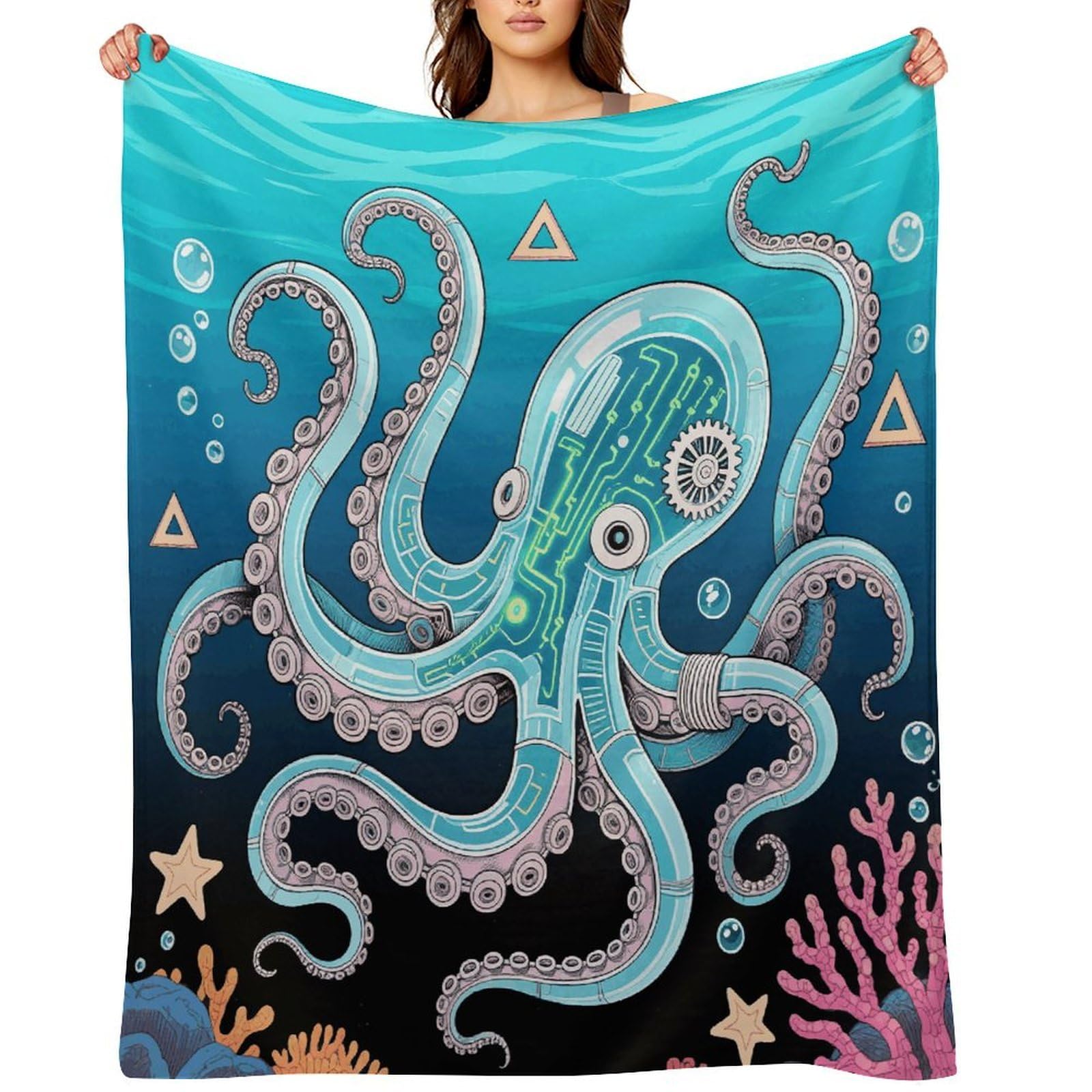 Mechanical Octopus Throw Blanket for Couch and Bed Super Soft Warm Lightweight Throw Blankets Cozy Fuzzy Flannel Blanket Personalized Decorative Blankets for Sofa Decor 50"x60"