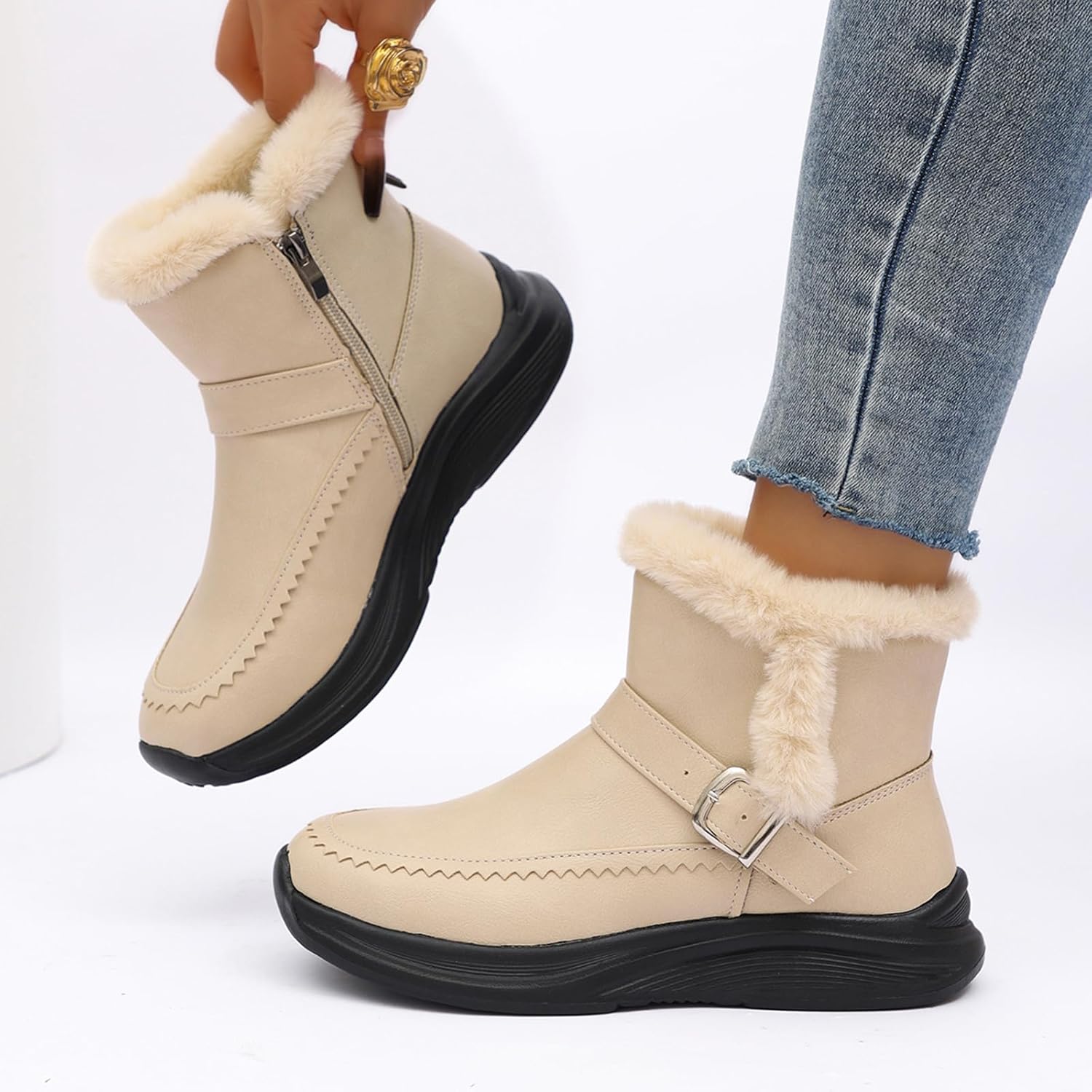 Women's Warm Ankle Boots with Round Toe and Side Zipper Flat Sole Snow Boots Casual Winter Design
